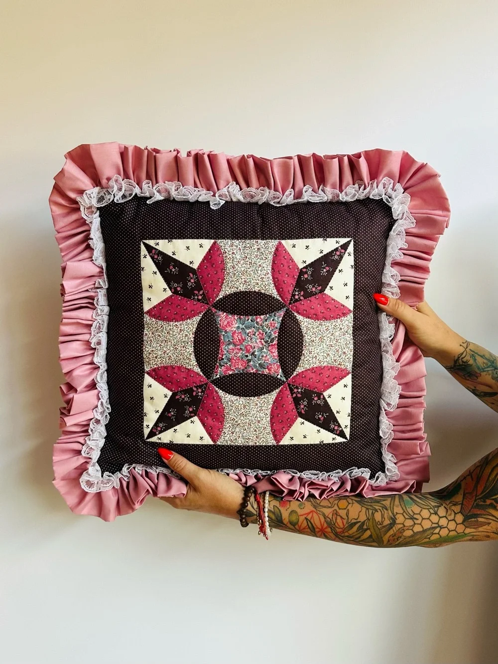 Vintage Patchwork Quilt Throw Pillow Ruffle Lace Floral 21x21 Grandmacore Boho